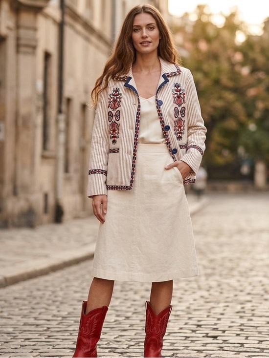 Max Studio Jackets & Blazers - Max Studio London Natalie Embroidered Blazer Jacket L Large Cream Red Boho Folk